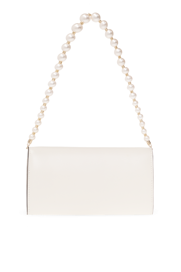 JIMMY CHOO Avenue W/Chain パールストラップ ウォレット AVENUE WALLET/CHAIN | Black Leather Wallet with Pearl Strap